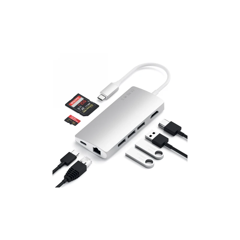 Satechi Aluminium Adapter V2 - aluminiowy adapter do urządzęń moblinych USB-C ( USB-C, 3x USB-A, 4K HDMI, czytniki kart micro/SD