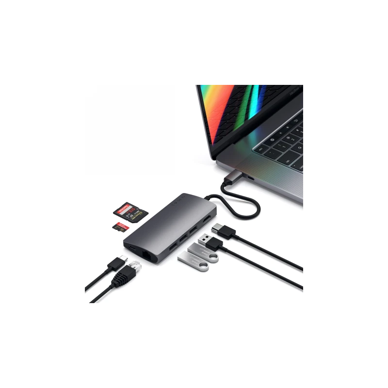 Satechi Aluminium Adapter V2 - aluminiowy adapter do urządzęń moblinych USB-C ( USB-C, 3x USB-A, 4K HDMI, czytniki kart micro/SD