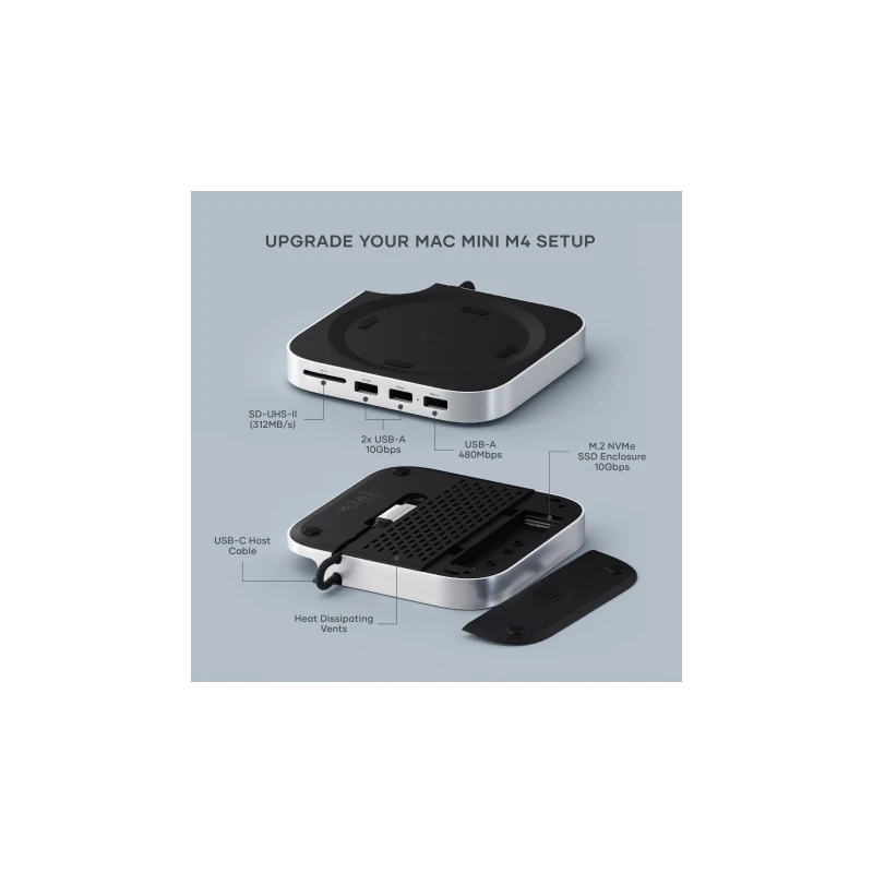 Satechi Mac Mini M4 Stand & Hub SSD - aluminiowa podstawka do Mac Mini z Hub USB-C (host USB-C 3.2 gen. 2, 2x USB-A 3.2 10Gpbs,U