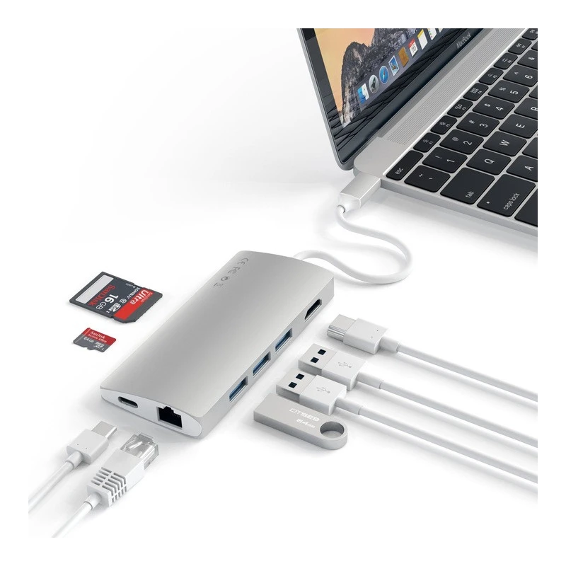 Satechi Aluminium Adapter V2 - aluminiowy adapter do urządzęń moblinych USB-C ( USB-C, 3x USB-A, 4K HDMI, czytniki kart micro/SD