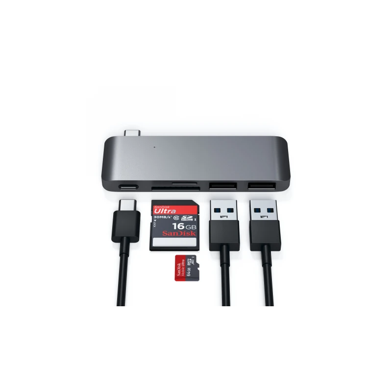 Satechi Type-C USB Passthrough Hub - aluminiowy Hub do urządzeń mobilnych USB-C (USB-C 60W, 2x USB-A, czytnik kart micro/SD) (sp