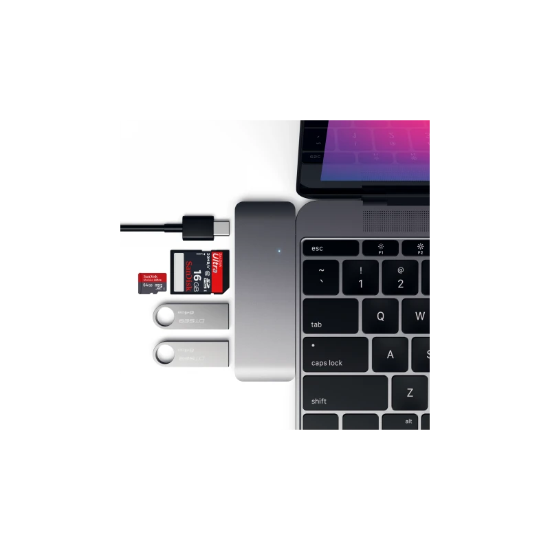 Satechi Type-C USB Passthrough Hub - aluminiowy Hub do urządzeń mobilnych USB-C (USB-C 60W, 2x USB-A, czytnik kart micro/SD) (sp