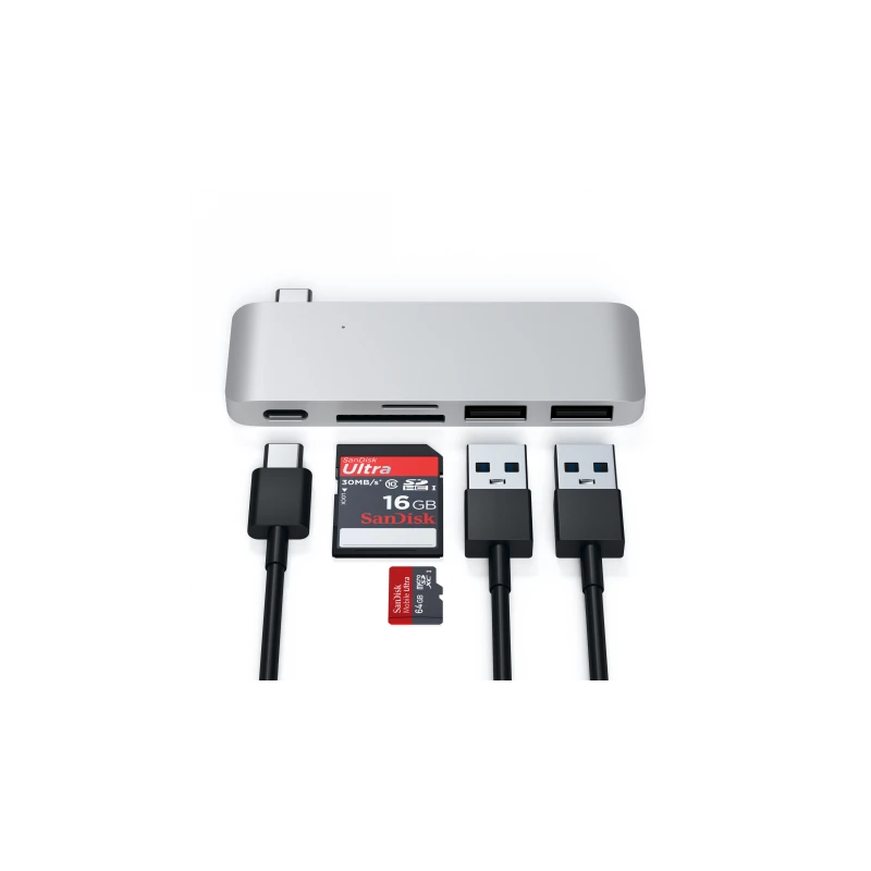 Satechi Type-C USB Passthrough Hub - aluminiowy Hub do urządzeń mobilnych USB-C (USB-C 60W, 2x USB-A, czytnik kart micro/SD) (si