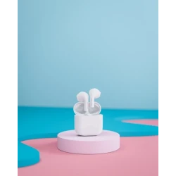 Happy Plugs Joy stylowe bezprzewodowe słuchawki douszne etui ładujące white