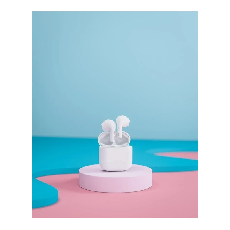 Happy Plugs Joy stylowe bezprzewodowe słuchawki douszne etui ładujące white