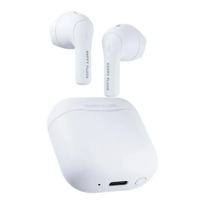 Happy Plugs Joy stylowe bezprzewodowe słuchawki douszne etui ładujące white