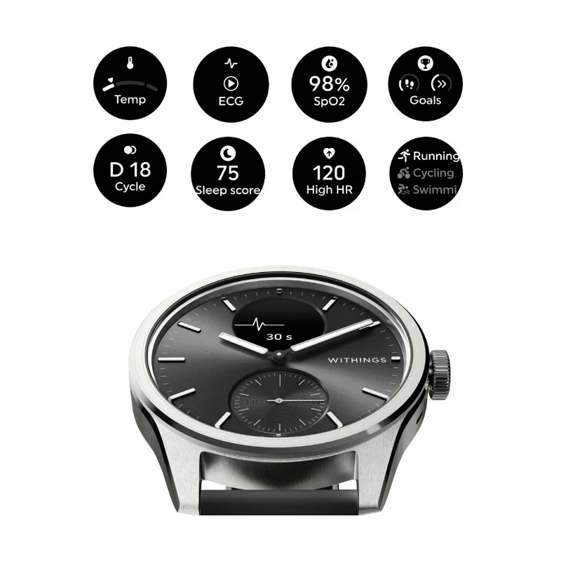 Withings Scanwatch 2 - zegarek z funkcją EKG, pomiarem pulsu i SPO2 oraz mierzeniem aktywności fizycznej i snu (42mm, black)