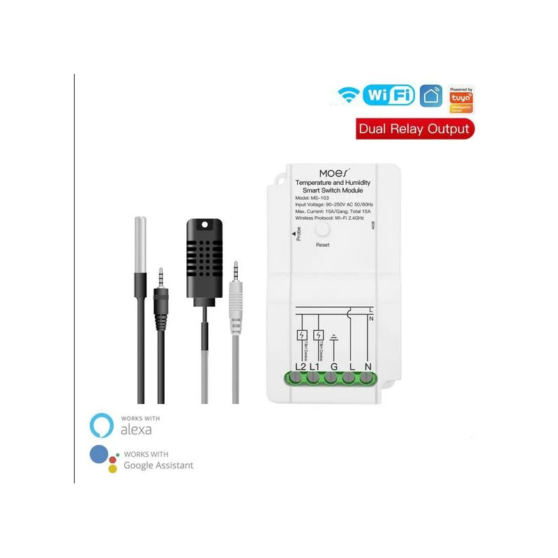 TUYA MS-103-TH Wi-Fi, Przekaźnik dwukanałowy z czujnikiem temperatury i wilgotności Wi-Fi Moes TUYA MS-103-TH Tuya
