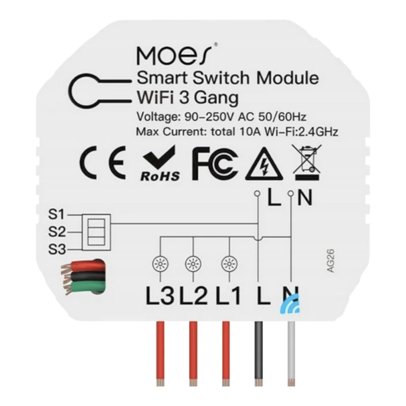 TUYA MS-104C, Przekaźnik Dopuszkowy 3-Kanałowy Wi-Fi Moes MS-104C Tuya