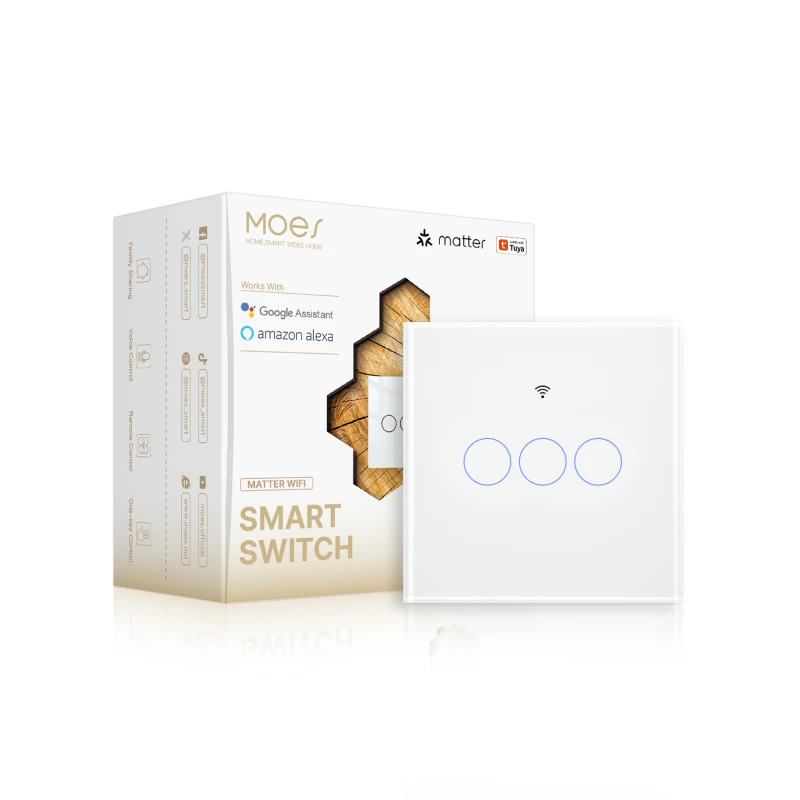 TUYA MWS-EU3-WH, Przełącznik szklany dotykowy Matter potrójny Biały Moes MWS-EU3-WH