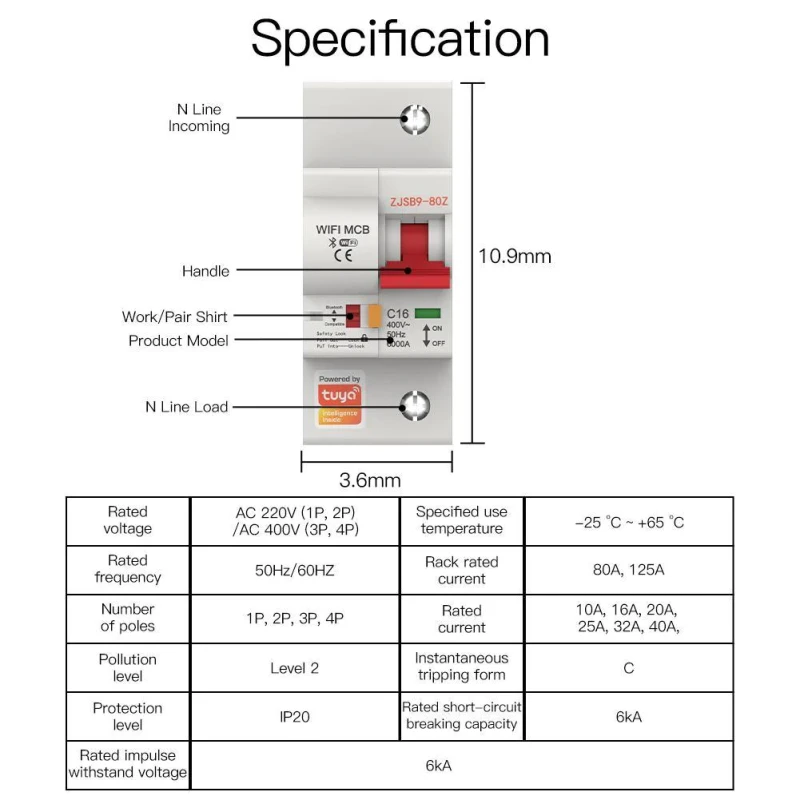 TUYA WCB-SC-3P25M, Wyłącznik nadprądowy 3P 25A Wi-Fi Moes TUYA WCB-SC-3P25M Tuya