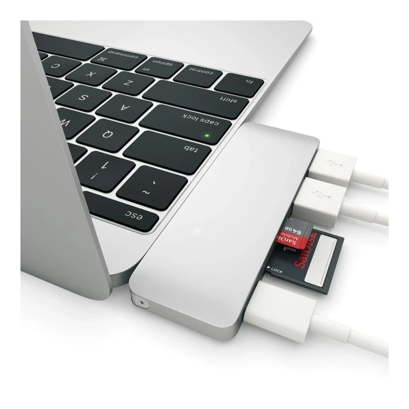 Satechi Type-C USB Passthrough Hub - aluminiowy Hub do urządzeń mobilnych USB-C (USB-C 60W, 2x USB-A, czytnik kart micro/SD) (si