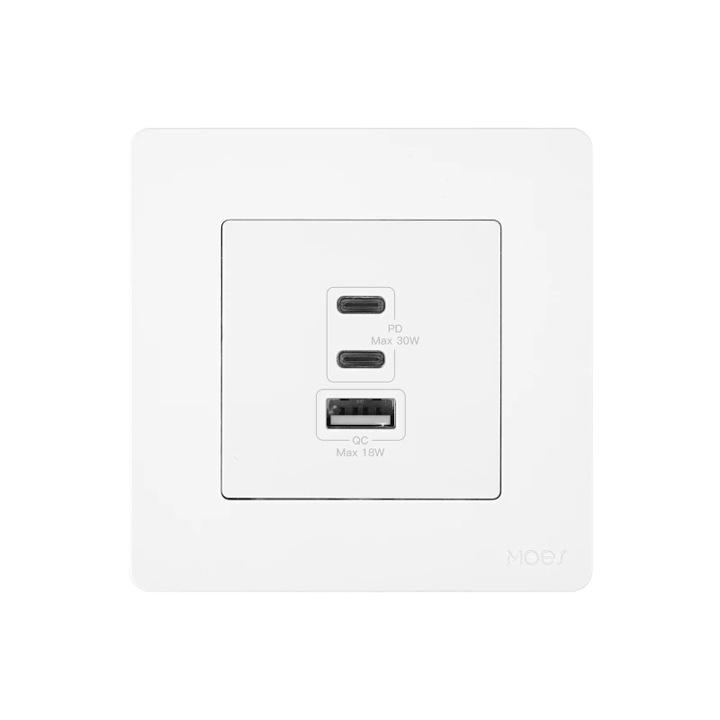 TUYA TK-SR-EU-2C1A-30, Gniazdko ścienne z ładowarką GaN, Moes TK-SR-EU-2C1A-30 Star Ring 30W PD 3.0 3 porty USB (2× USB-...