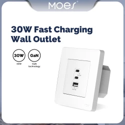 TUYA TK-SR-EU-2C1A-30, Gniazdko ścienne z ładowarką GaN, Moes TK-SR-EU-2C1A-30 Star Ring 30W PD 3.0 3 porty USB (2× USB-...