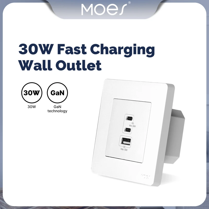 TUYA TK-SR-EU-2C1A-30, Gniazdko ścienne z ładowarką GaN, Moes TK-SR-EU-2C1A-30 Star Ring 30W PD 3.0 3 porty USB (2× USB-...