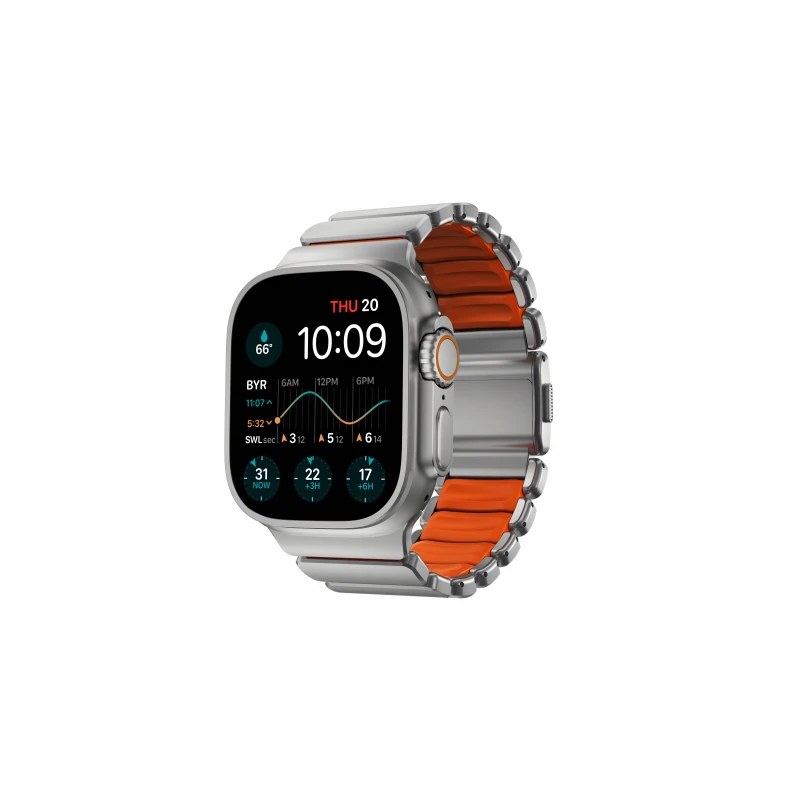 NOMAD Stratos Band - tytanowa bransoleta do Apple Watch 49mm z FKM (natural titanium, ultra orange FKM)