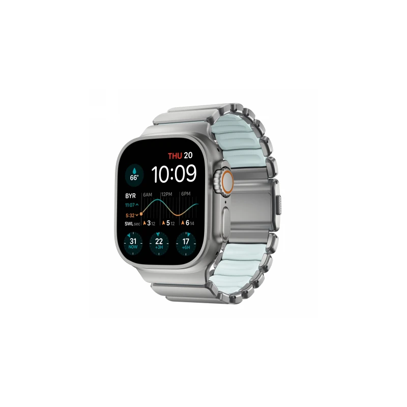 NOMAD Stratos Band - tytanowa bransoleta do Apple Watch 49mm z FKM (natural titanium, icy blue glow FKM)
