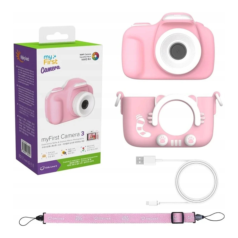 myFirst Camera 3 - aparat cyfrowy dla dzieci z gumowym etui ochronnym, ekranem 2" IPS, rozdzielczości 16MP i dwoma obiektywami (