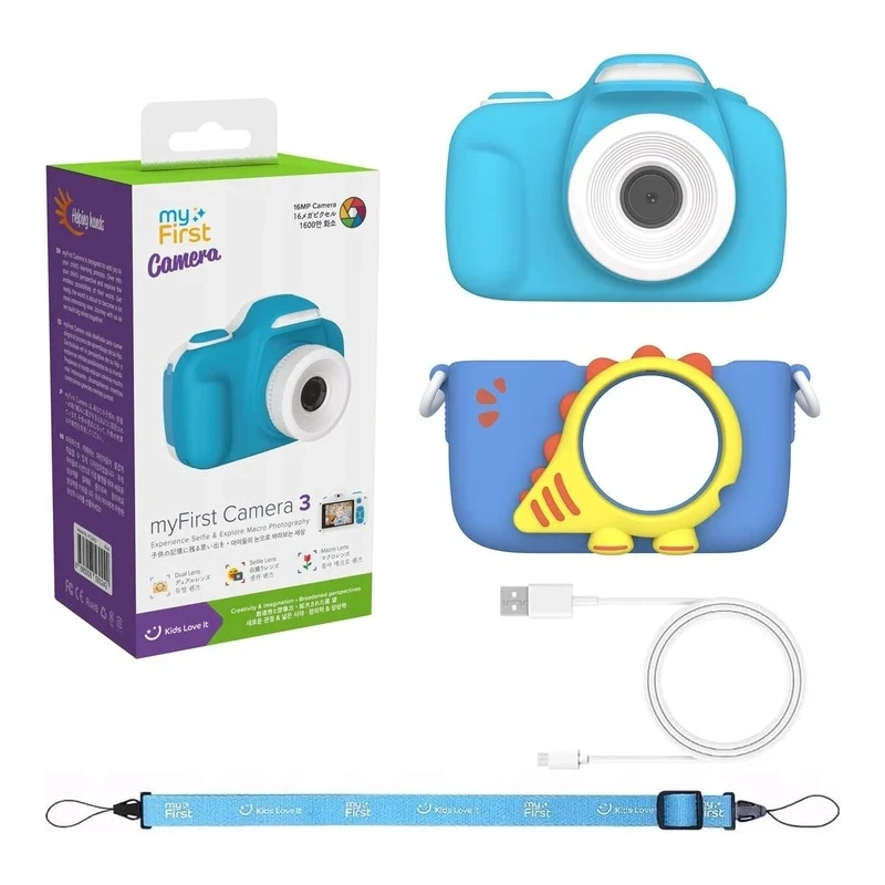 myFirst Camera 3 - aparat cyfrowy dla dzieci z gumowym etui ochronnym, ekranem 2" IPS, rozdzielczości 16MP i dwoma obiektywami (