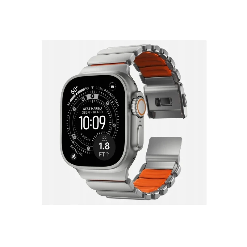 NOMAD Stratos Band - tytanowa bransoleta do Apple Watch 49mm z FKM (natural titanium, ultra orange FKM)
