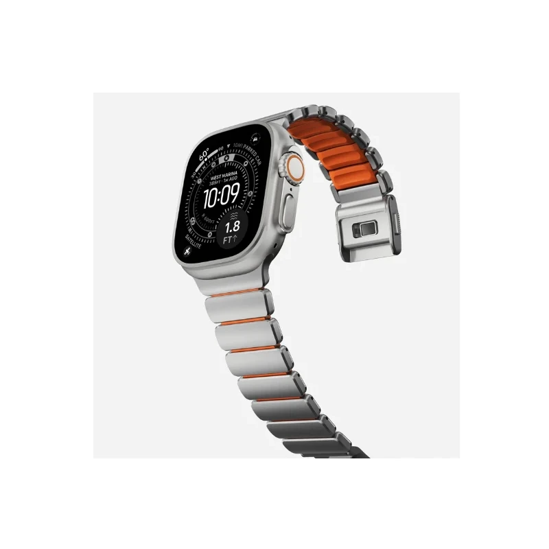 NOMAD Stratos Band - tytanowa bransoleta do Apple Watch 49mm z FKM (natural titanium, ultra orange FKM)