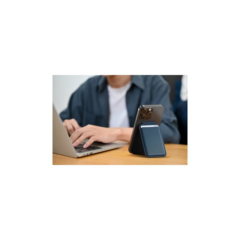 Satechi Vegan-Leather Wallet Stand - portfel i podstawka do iPhone'a z wegańskiej skóry kompatybilny z MagSafe (blue)