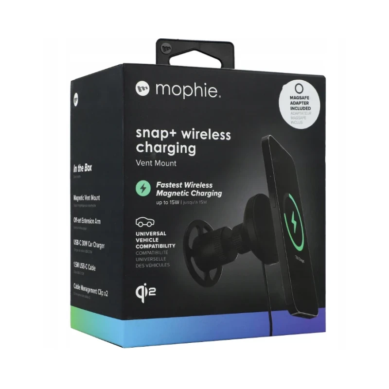Mophie Snap+ Wireless Vent Mount - magnetyczny uchwyt samochodowy na kratkę nawiewu z bezprzewodowym ładowaniem 15W, wspierający