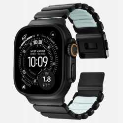 NOMAD elegancka mocna tytanowa bransoleta Apple Watch, Ultra, SE (black titanium, icy blue glow FKM)