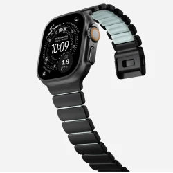 NOMAD elegancka mocna tytanowa bransoleta Apple Watch, Ultra, SE (black titanium, icy blue glow FKM)