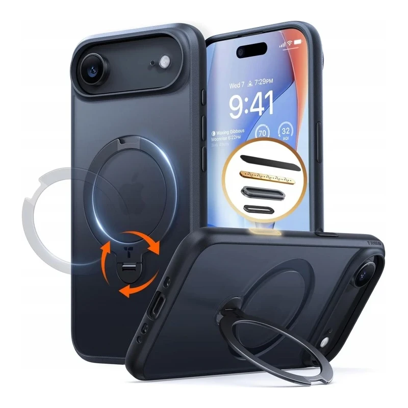 TORRAS Ostand Spin mocne stylowe etui iPhone 17 Air MagSafe podstawka 360° (black)