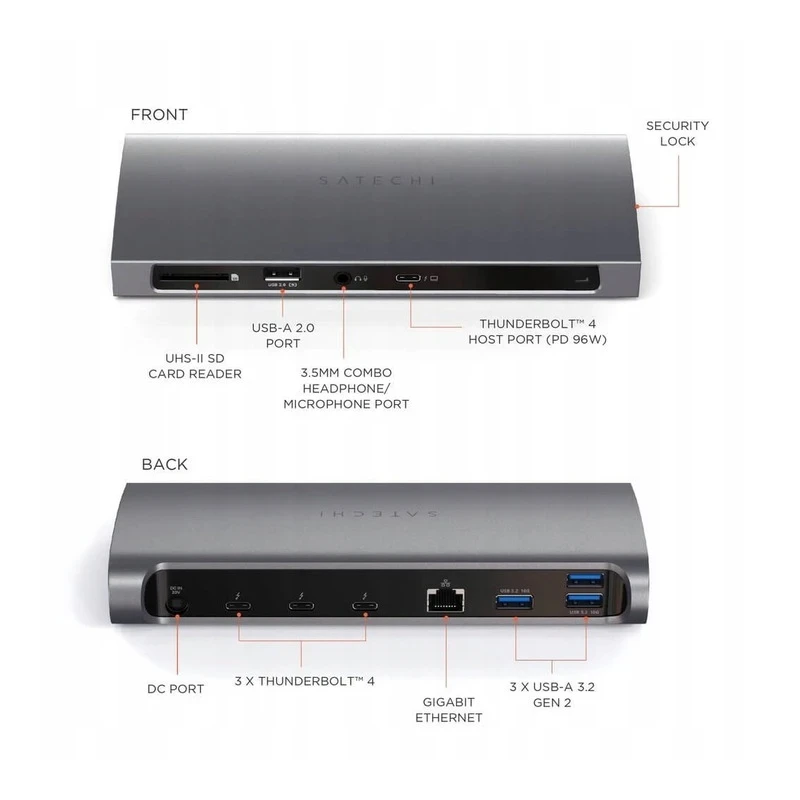 Satechi Thunderbolt 4 Dock - stacja dokująca (1x Thunderbolt 4 host port 96W, 3x Thunderbolt 4 15W, Gigabit ethernet, 3x USB-A