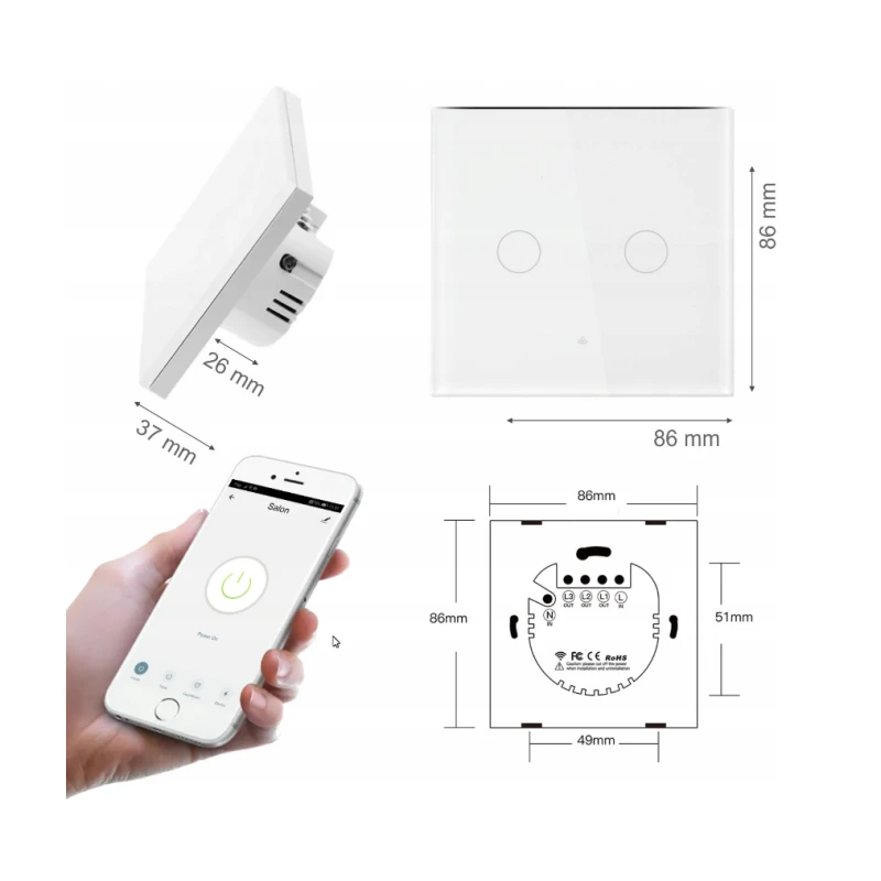 Tuya WiFi+RF Switch EU Type 2 Gang Live200-240V White MOES