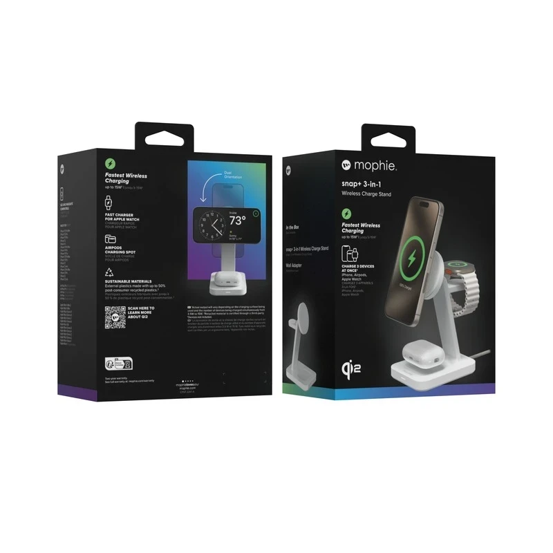 Mophie Snap+ 3-in-1 Qi2 wireless charge stand - stojąca ładowarka bezprzewodowa do trzech urządzeń kompatybilna z MagSafe i Qi2