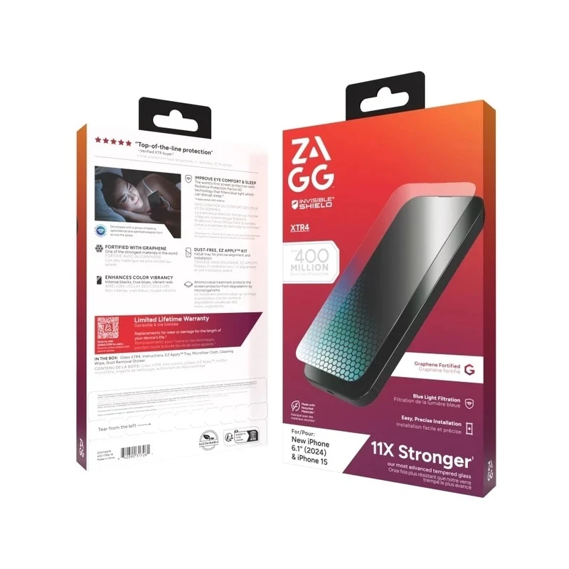 ZAGG XTR4 szkło ochronne z grafenem filtr światła niebieskiego iPhone 15/16